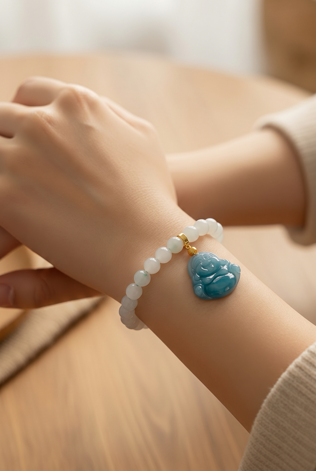 White Burma Jade with Blue Buddha Pendant